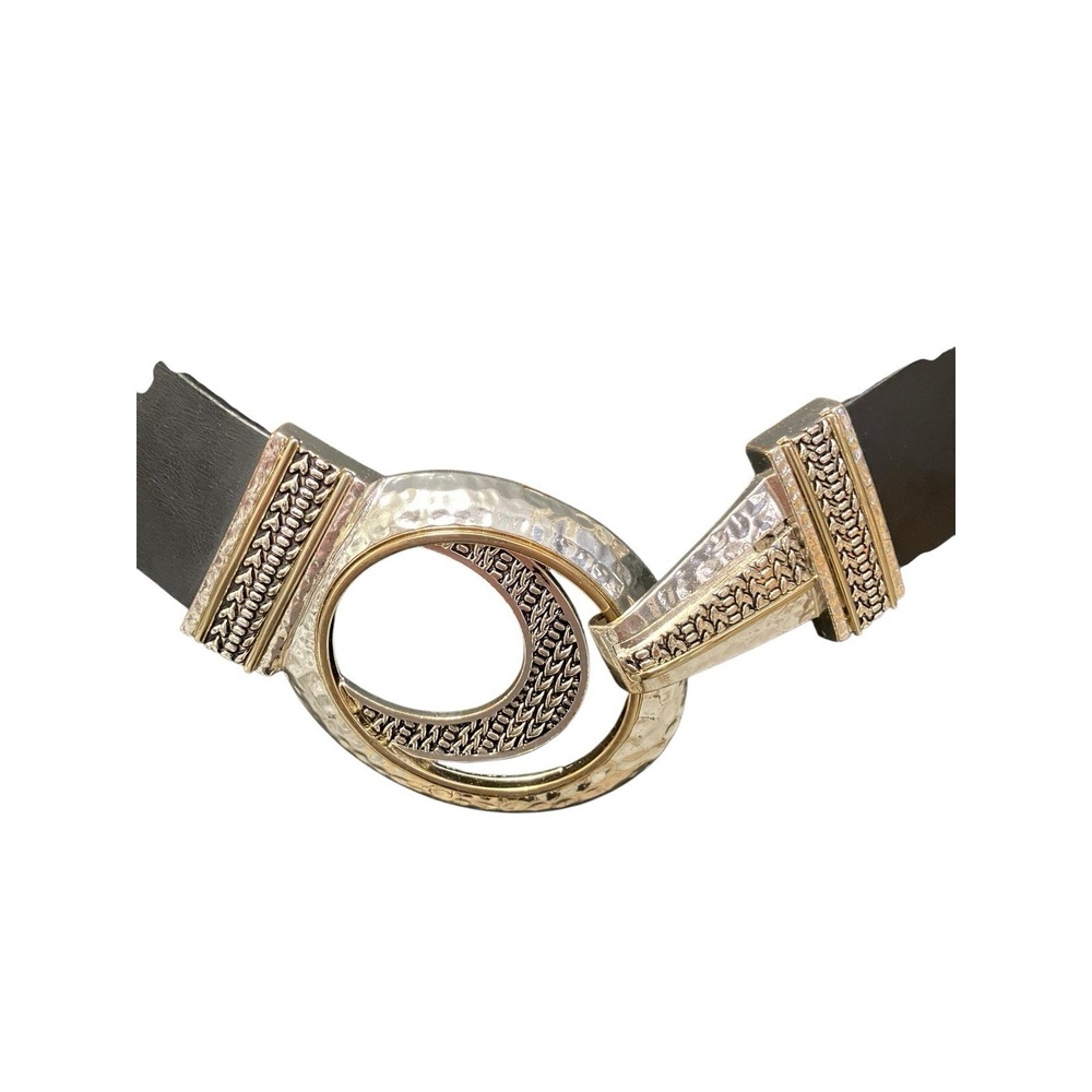 CHICOs Belt Leather Black Gold Silver Tone Hook Buckle Art To Wear Statement S/M - Picture 2 of 13